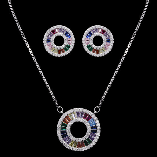 Premium White Gold Finish Round Rainbow Pendant Set on Pure 925 Silver