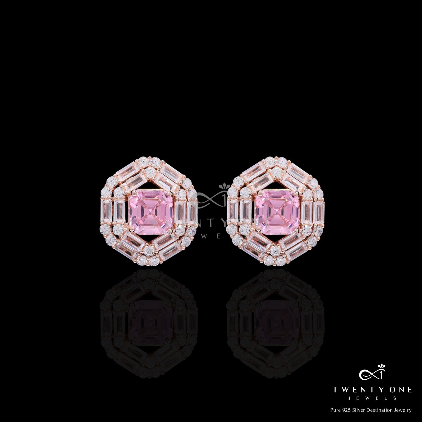 Rose Gold Finish Double Baguette Cluster Bravia Pendant Set with Pink Asscher Cut Diamond on Pure 925 Silver