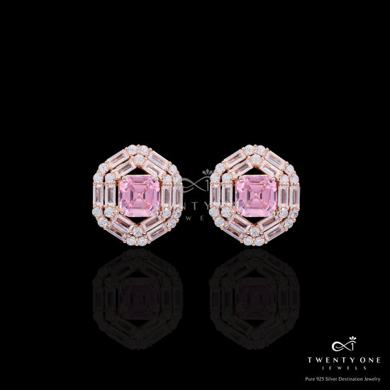 Rose Gold Finish Double Baguette Cluster Bravia Pendant Set with Pink Asscher Cut Diamond on Pure 925 Silver