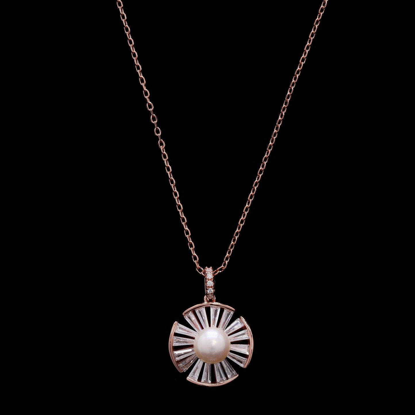 Premium Taper Diamond and Fresh Water Pearl Rose Gold Finish Pendant Set on Pure 925 Silver