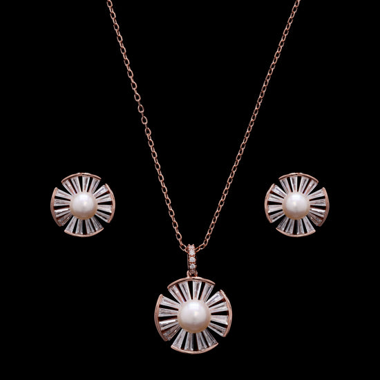 Premium Taper Diamond and Fresh Water Pearl Rose Gold Finish Pendant Set on Pure 925 Silver