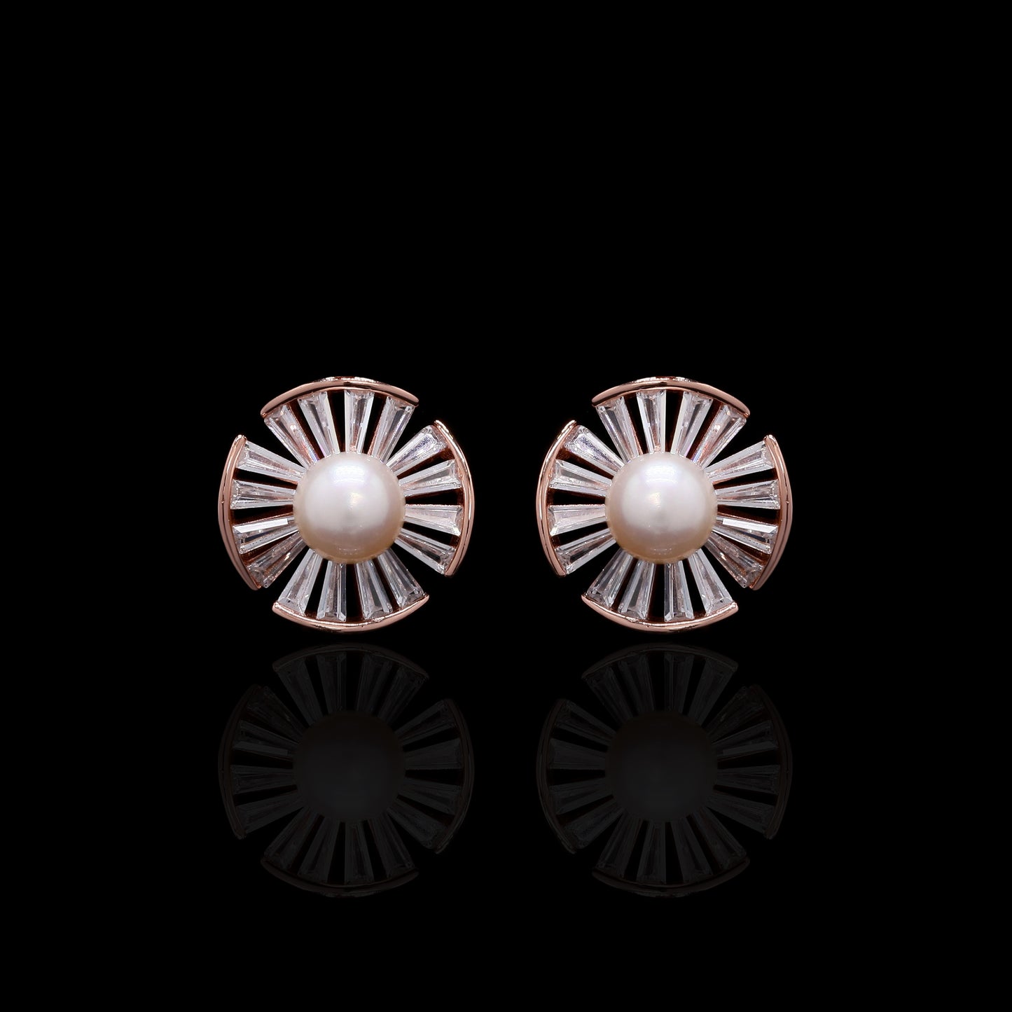 Premium Taper Diamond and Fresh Water Pearl Rose Gold Finish Pendant Set on Pure 925 Silver