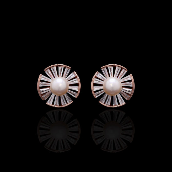 Premium Taper Diamond and Fresh Water Pearl Rose Gold Finish Pendant Set on Pure 925 Silver