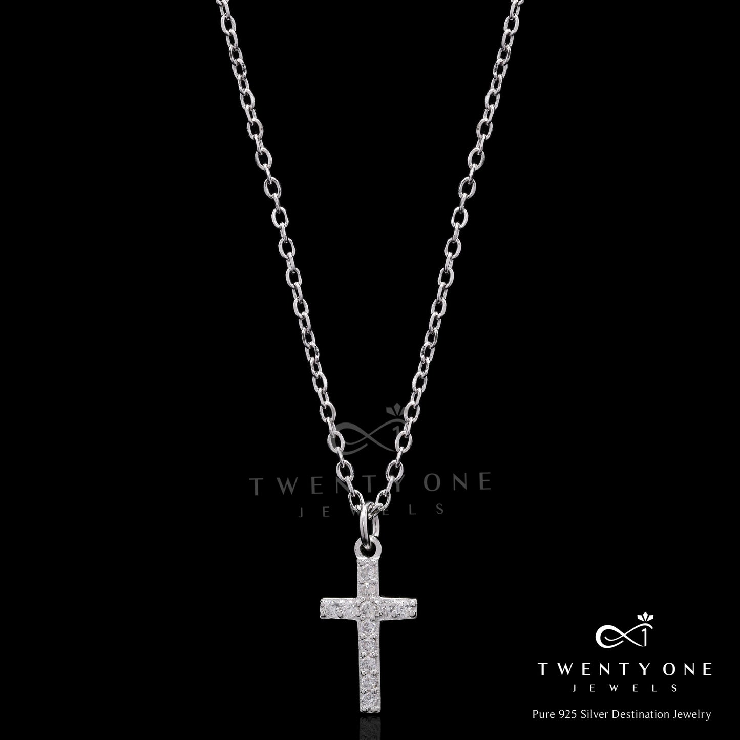 American Diamond Studded Caleb Cross Pendant with Chain On Pure 925 Silver