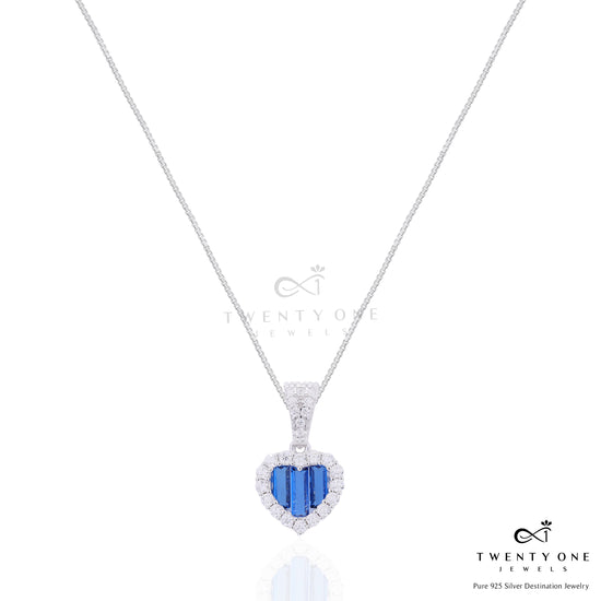Premium Blue Sapphire Baguette Alina Heart Pendant Set on Pure 925 Silver