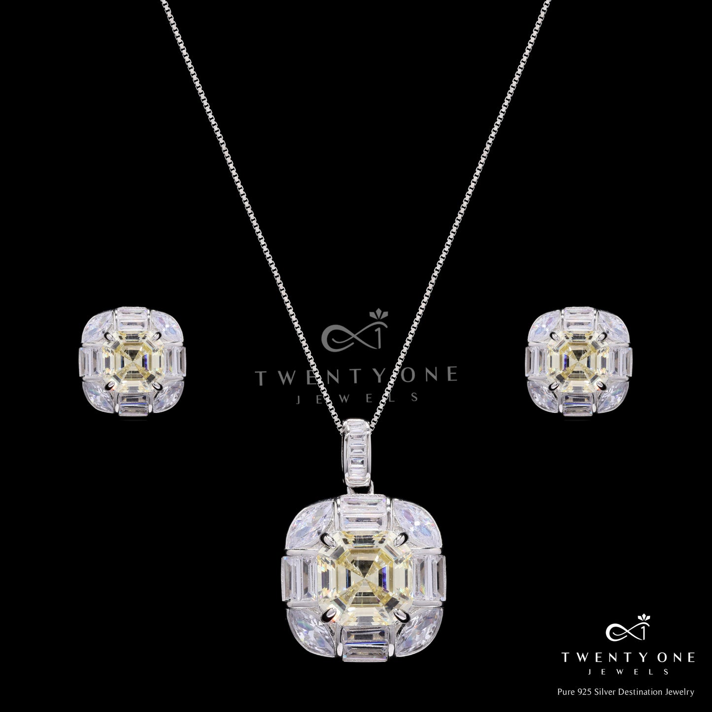 Ultra Premium Square Yellow Octagon Pendant Set on Pure 925 Silver