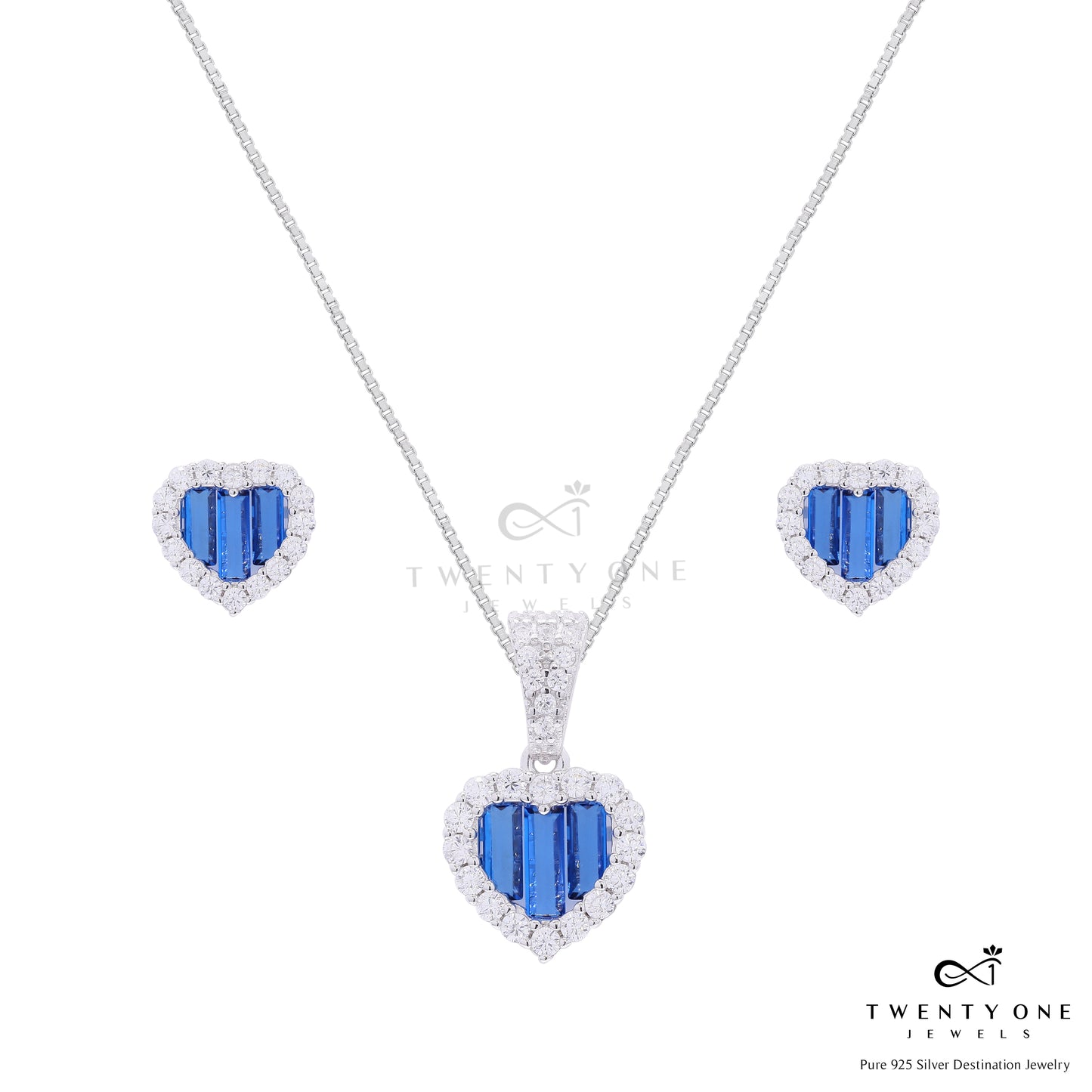 Premium Blue Sapphire Baguette Alina Heart Pendant Set on Pure 925 Silver