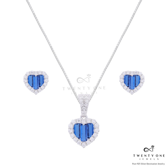 Premium Blue Sapphire Baguette Alina Heart Pendant Set on Pure 925 Silver
