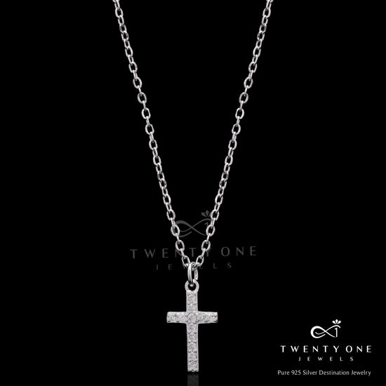 American Diamond Studded Caleb Cross Pendant with Chain On Pure 925 Silver