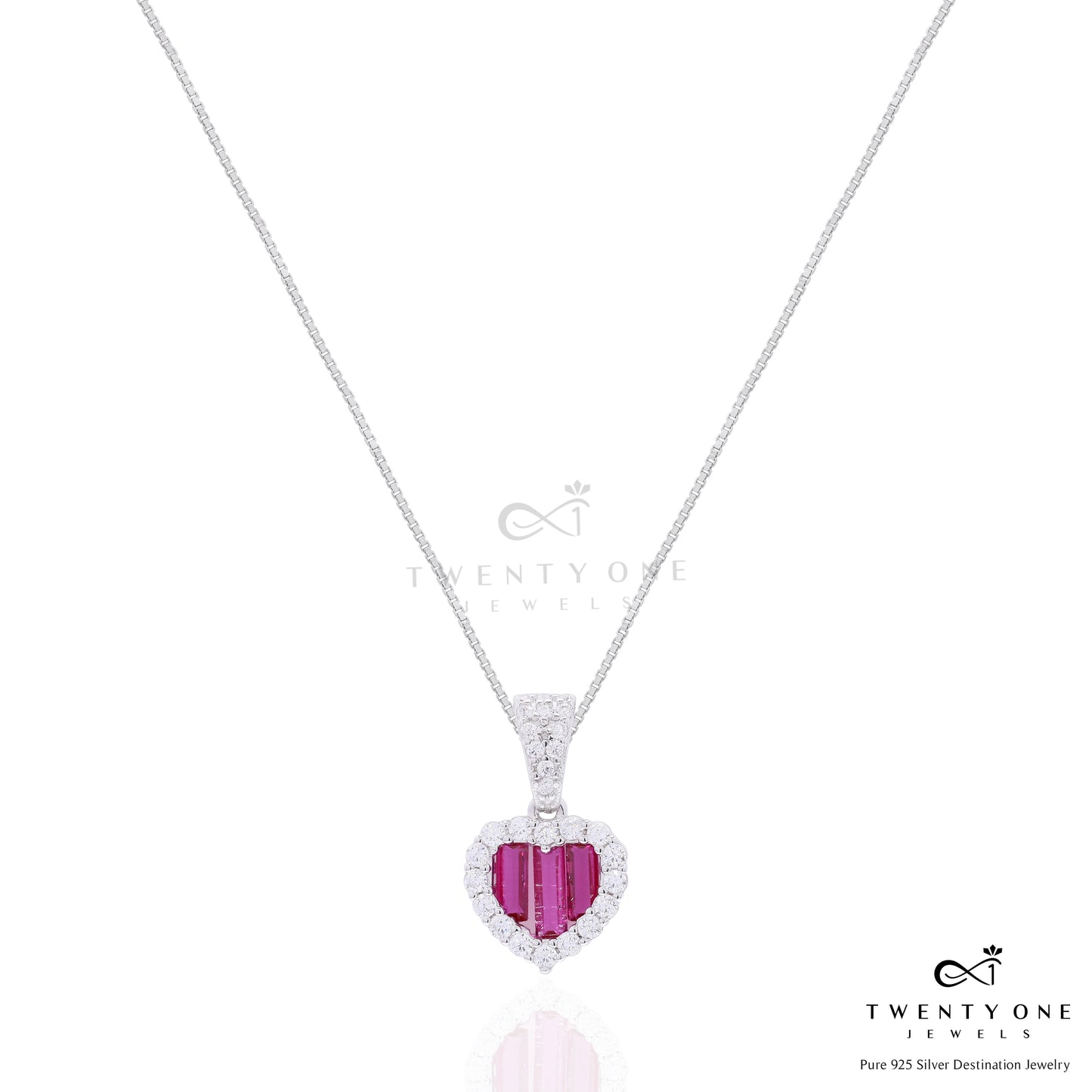 Premium Ruby Baguette Alina Heart Pendant Set with Diamond Cluster on Pure 925 Silver