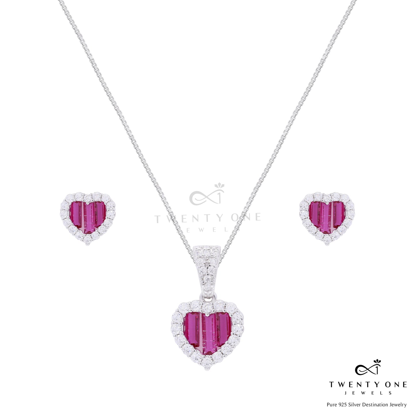 Premium Ruby Baguette Alina Heart Pendant Set with Diamond Cluster on Pure 925 Silver