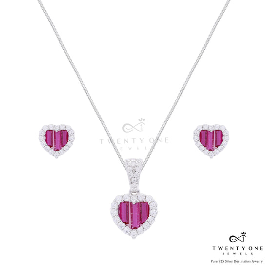 Premium Ruby Baguette Alina Heart Pendant Set with Diamond Cluster on Pure 925 Silver