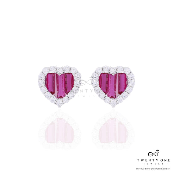 Premium Ruby Baguette Alina Heart Pendant Set with Diamond Cluster on Pure 925 Silver