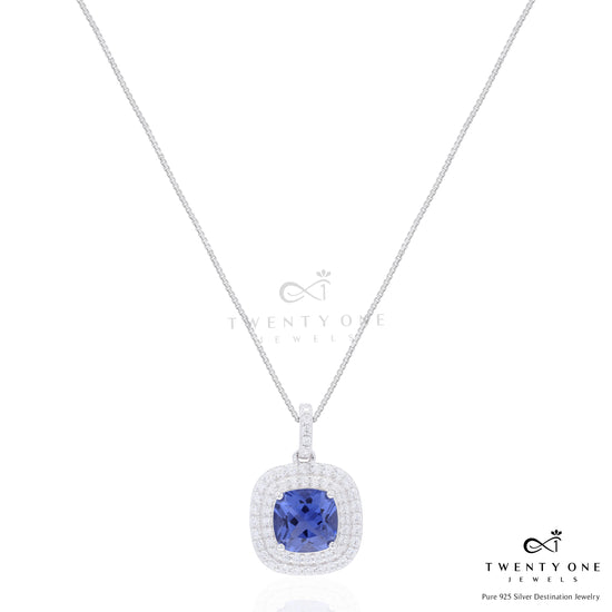 Ultra Premium Blue Hydro Sapphire Double Diamond Cluster Pendant Set on Pure 925 Silver