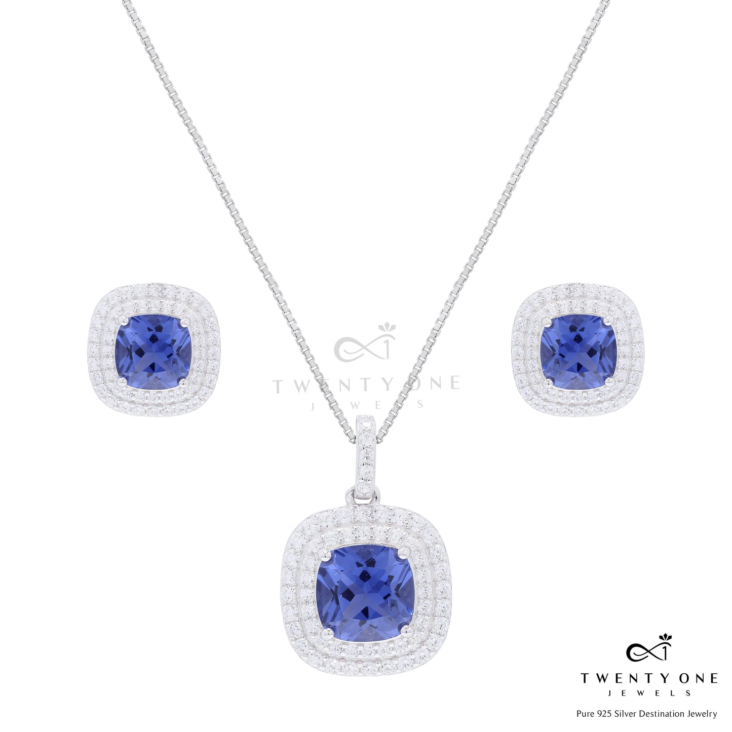 Ultra Premium Blue Hydro Sapphire Double Diamond Cluster Pendant Set on Pure 925 Silver