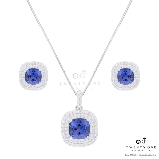 Ultra Premium Blue Hydro Sapphire Double Diamond Cluster Pendant Set on Pure 925 Silver
