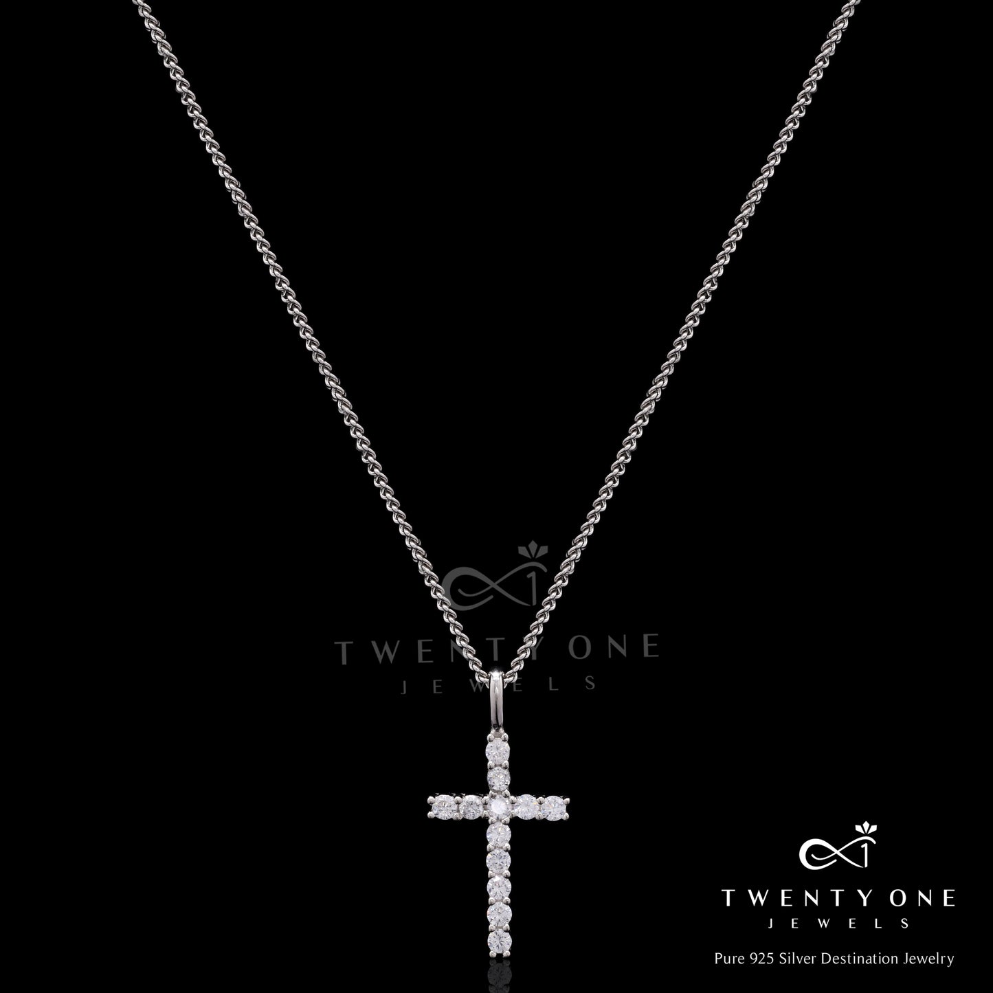 Classic Diamond Studded Cross Pendant with Chain On Pure 925 Silver