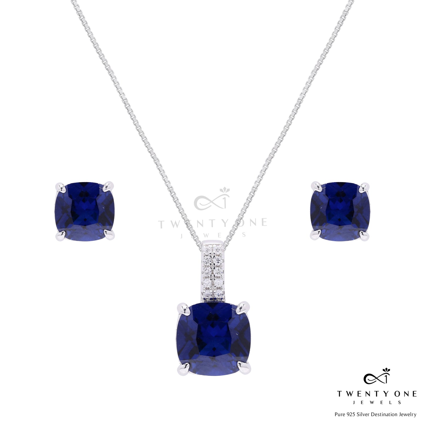 Ultra Premium Deep Blue Cushion Cut Solitaire Burito Pendant Set on Pure 925 Silver