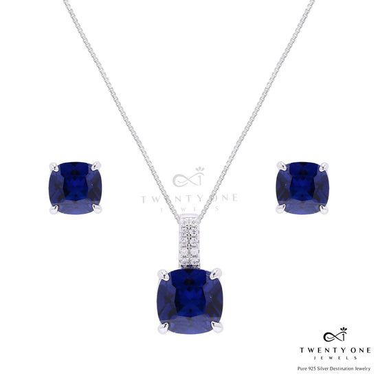 Ultra Premium Deep Blue Cushion Cut Solitaire Burito Pendant Set on Pure 925 Silver