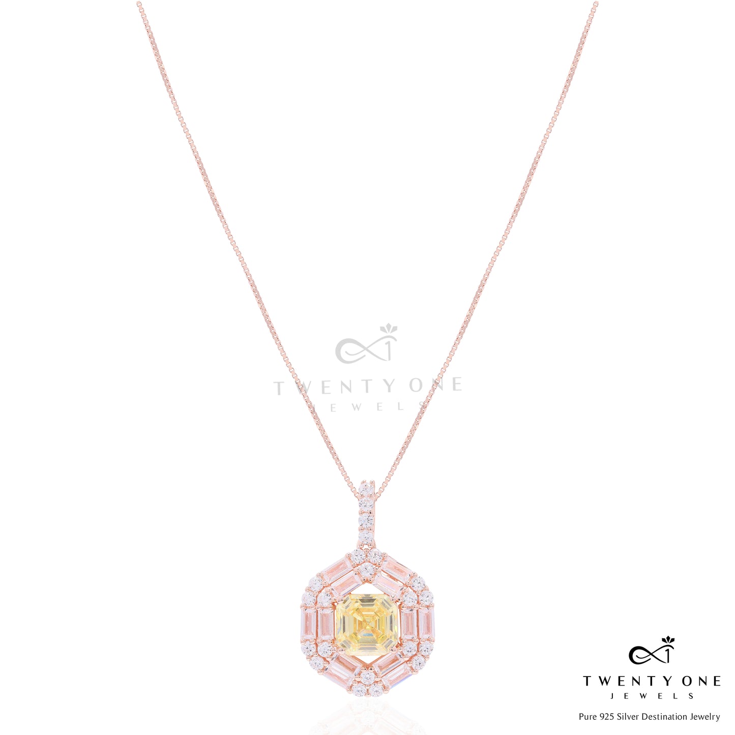 Rose Gold Finish Double Baguette Cluster Bravia Pendant Set with Yellow Asscher Cut Diamond on Pure 925 Silver