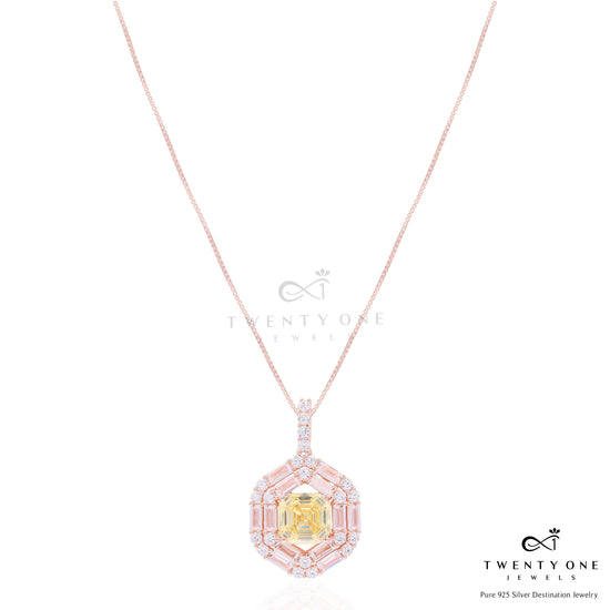 Rose Gold Finish Double Baguette Cluster Bravia Pendant Set with Yellow Asscher Cut Diamond on Pure 925 Silver