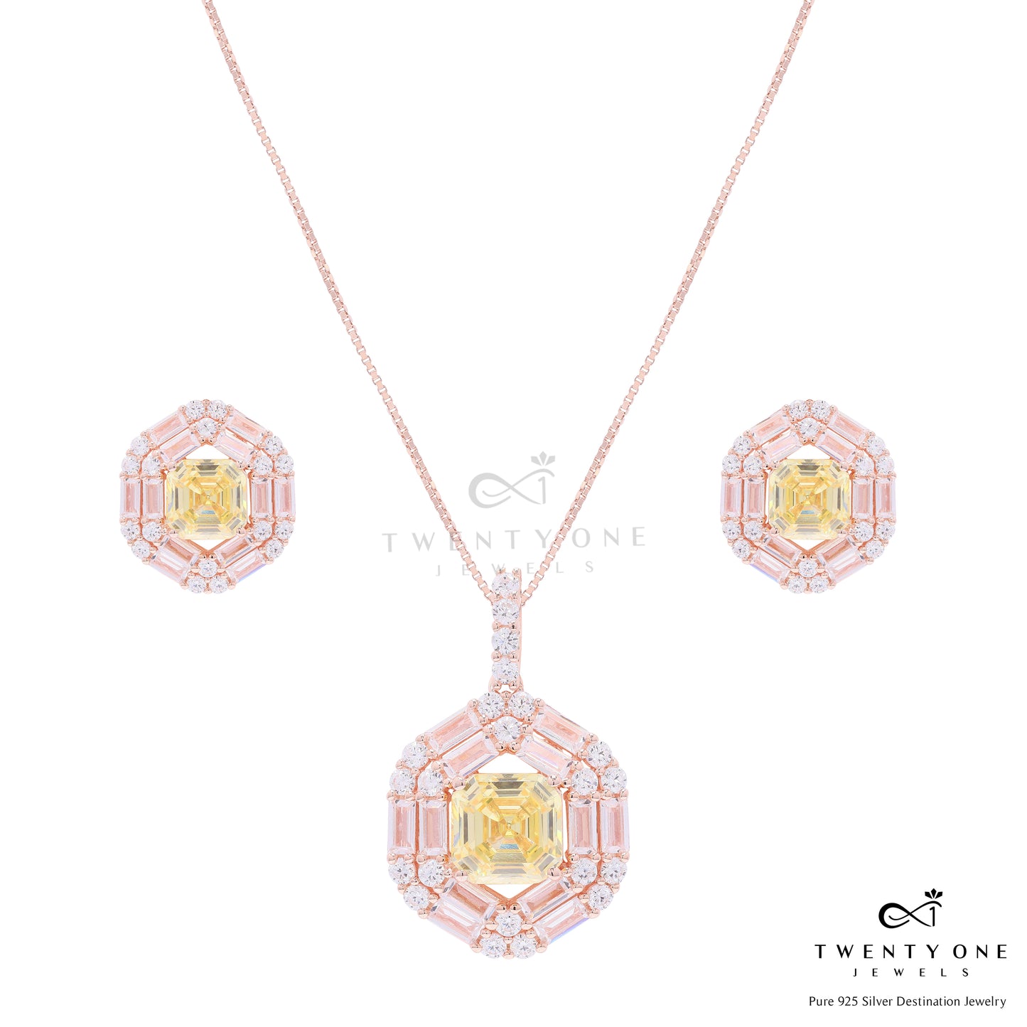 Rose Gold Finish Double Baguette Cluster Bravia Pendant Set with Yellow Asscher Cut Diamond on Pure 925 Silver