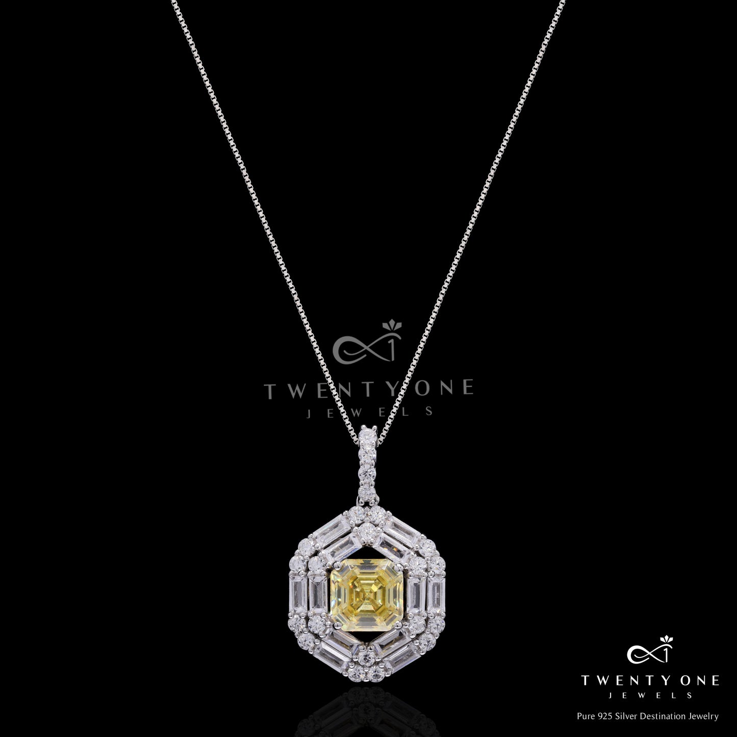 Ultra Premium Yellow Radiant Cut Solitaire Diamond Pendant Set on Pure 925 Silver