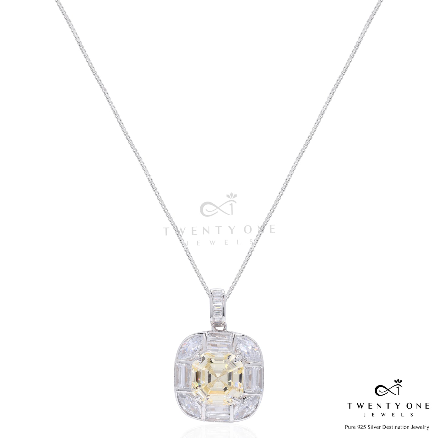 Ultra Premium Square Yellow Octagon Pendant Set on Pure 925 Silver