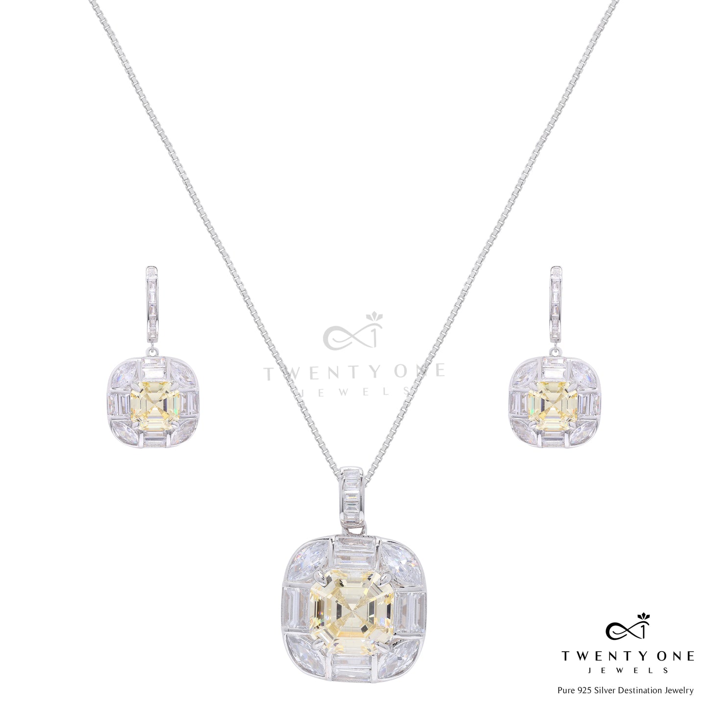 Ultra Premium Square Yellow Octagon Pendant Set on Pure 925 Silver