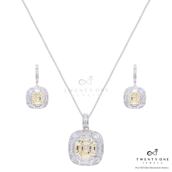 Ultra Premium Square Yellow Octagon Pendant Set on Pure 925 Silver
