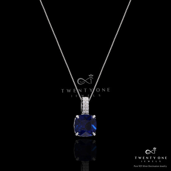 Ultra Premium Deep Blue Cushion Cut Solitaire Burito Pendant Set on Pure 925 Silver
