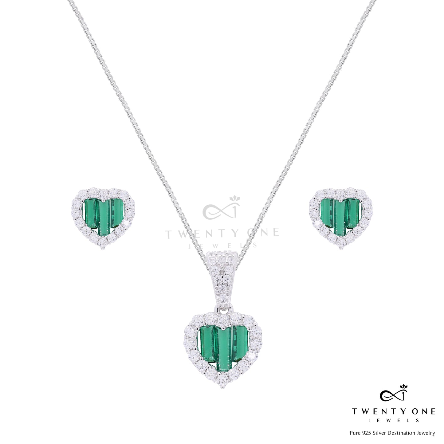 Green Emerald Baguette American Diamond Heart Pendant Set on Pure 925 Silver