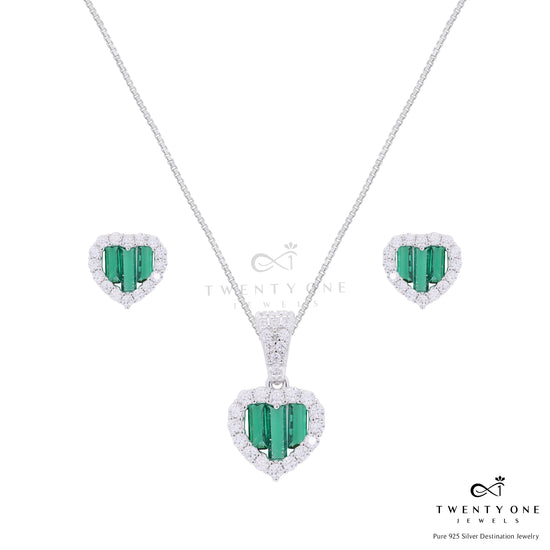 Green Emerald Baguette American Diamond Heart Pendant Set on Pure 925 Silver