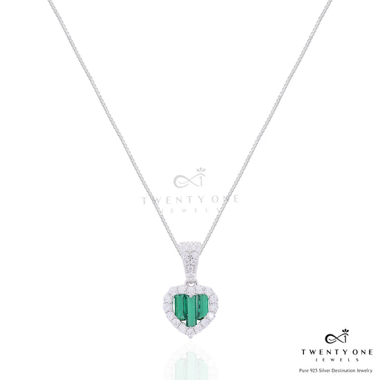 Green Emerald Baguette American Diamond Heart Pendant Set on Pure 925 Silver