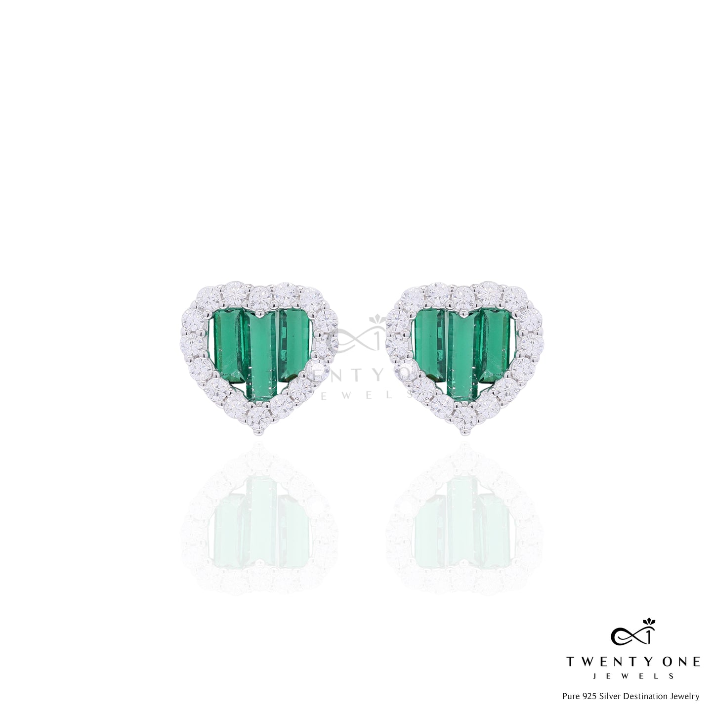 Green Emerald Baguette American Diamond Heart Pendant Set on Pure 925 Silver