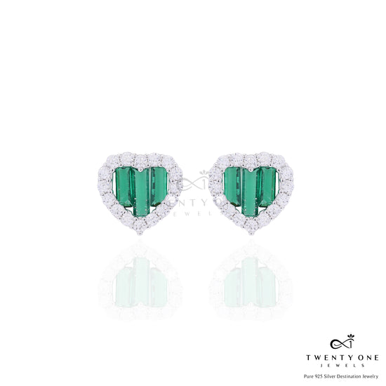 Green Emerald Baguette American Diamond Heart Pendant Set on Pure 925 Silver