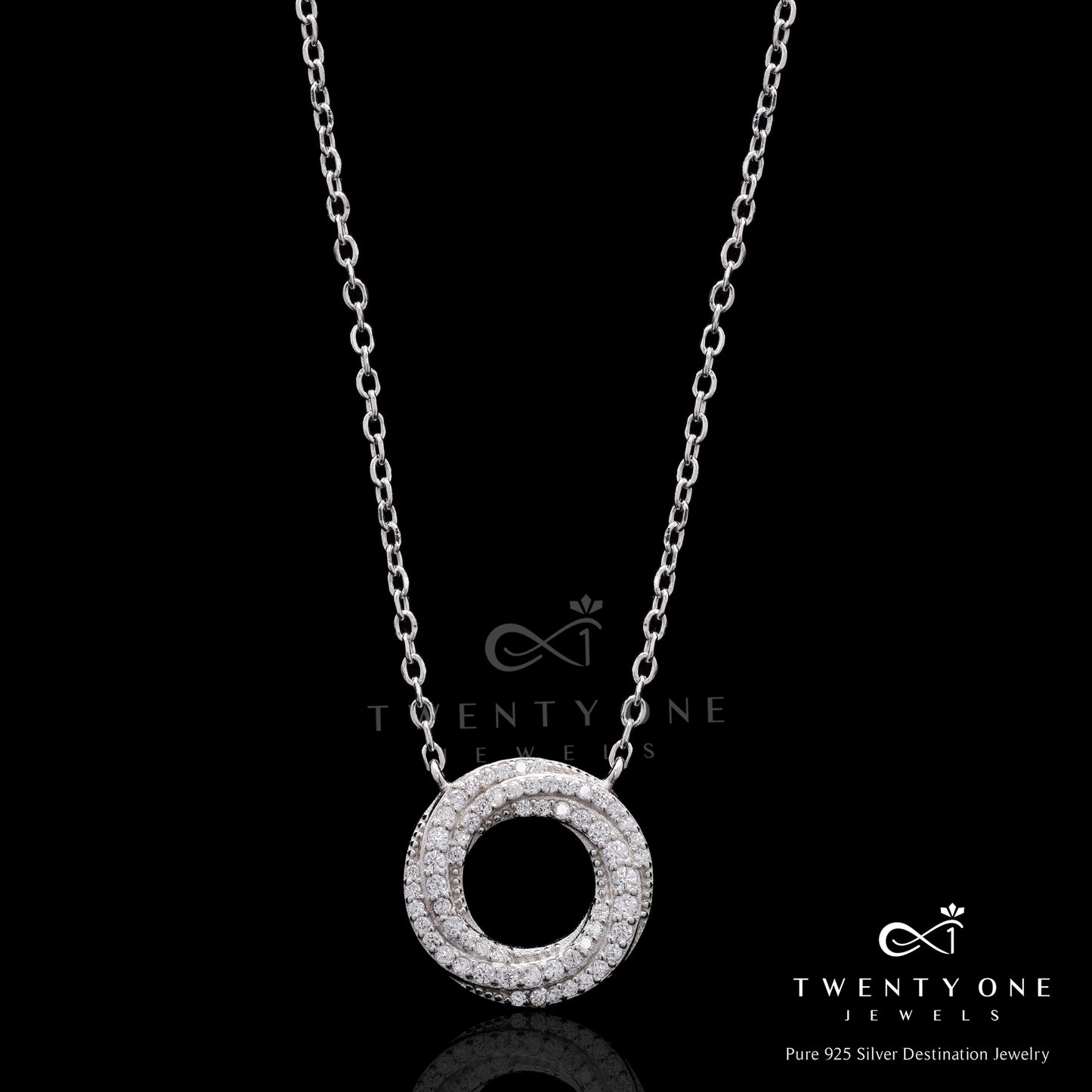 American Diamond Twisted Circular Wave Pendant with Chain on Pure 925 Silver