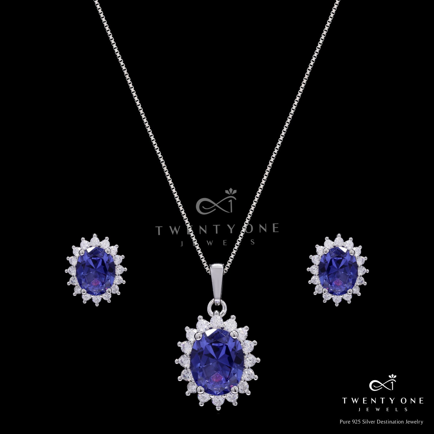Ultra Premium Deep Blue Oval Solitaire Duran Pendant Set on Pure 925 Silver