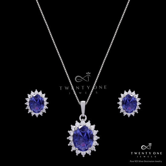 Ultra Premium Deep Blue Oval Solitaire Duran Pendant Set on Pure 925 Silver