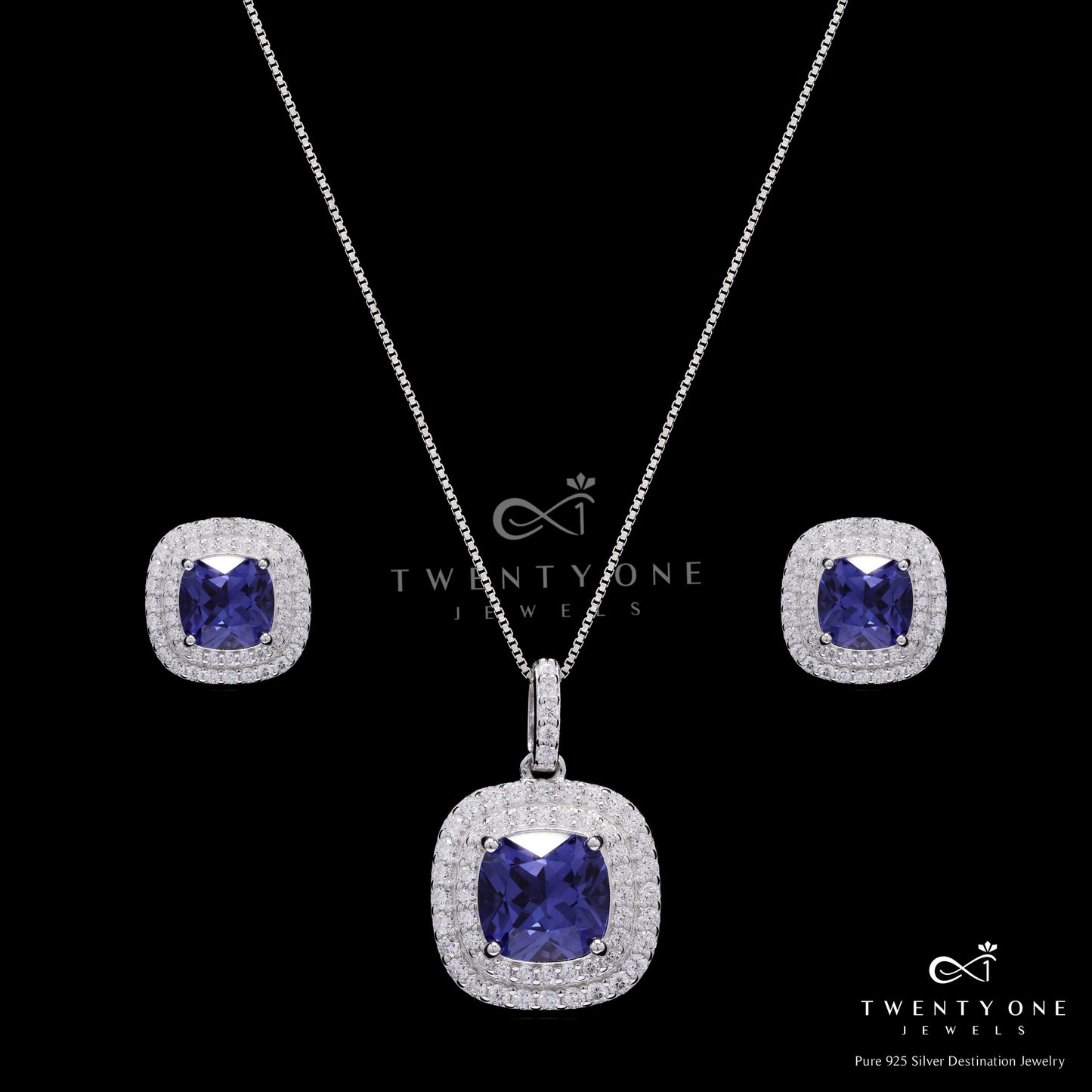 Ultra Premium Blue Hydro Sapphire Double Diamond Cluster Pendant Set on Pure 925 Silver