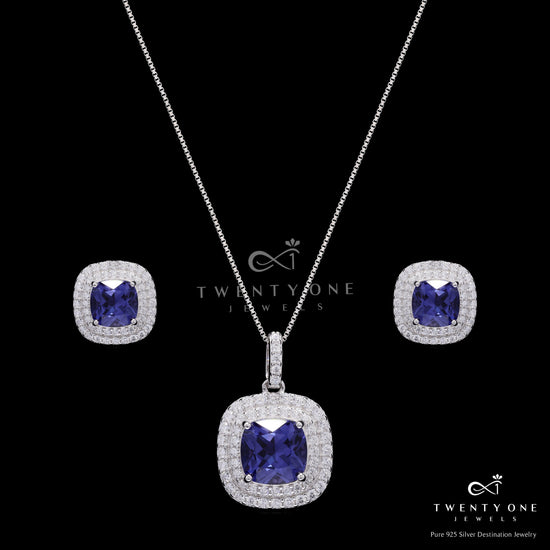 Ultra Premium Blue Hydro Sapphire Double Diamond Cluster Pendant Set on Pure 925 Silver