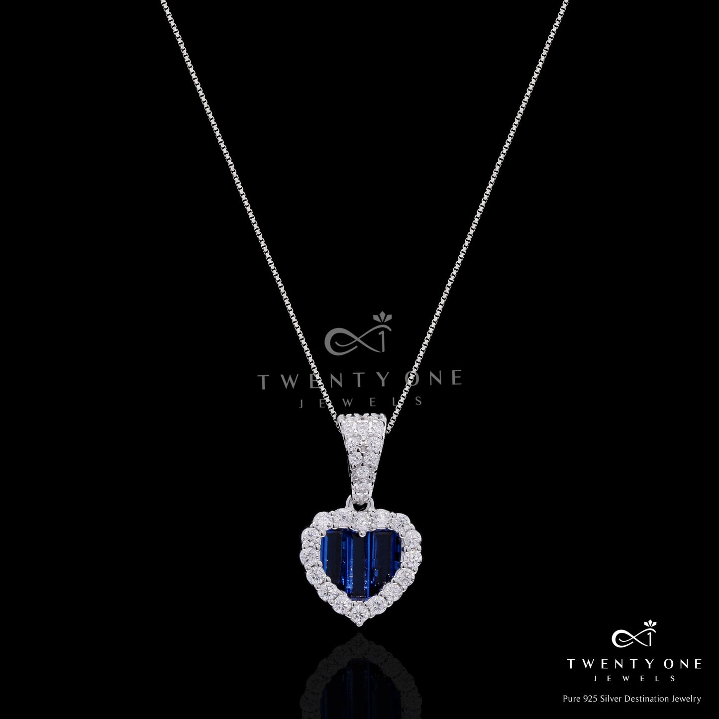 Premium Blue Sapphire Baguette Alina Heart Pendant Set on Pure 925 Silver