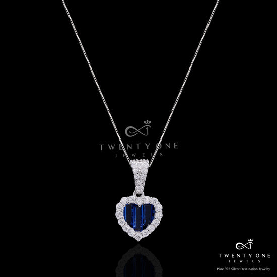 Premium Blue Sapphire Baguette Alina Heart Pendant Set on Pure 925 Silver