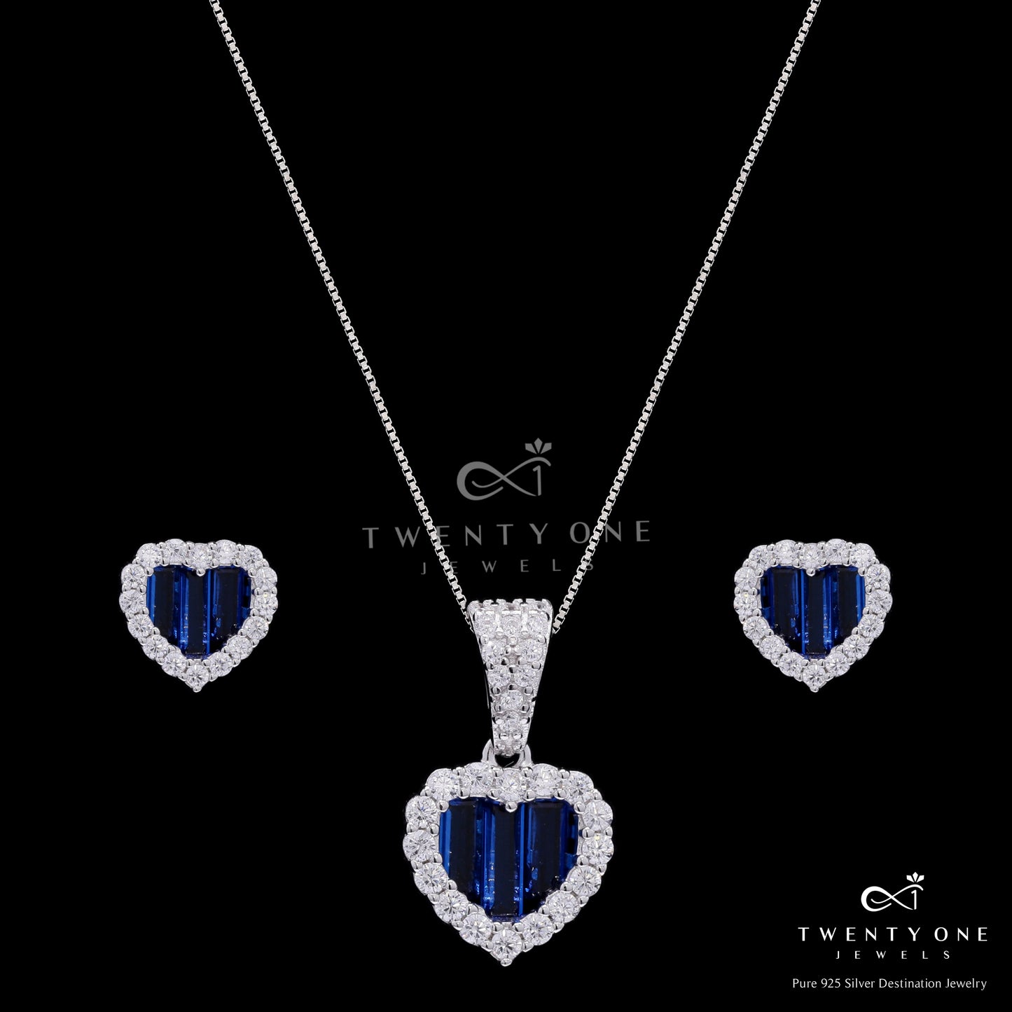 Premium Blue Sapphire Baguette Alina Heart Pendant Set on Pure 925 Silver
