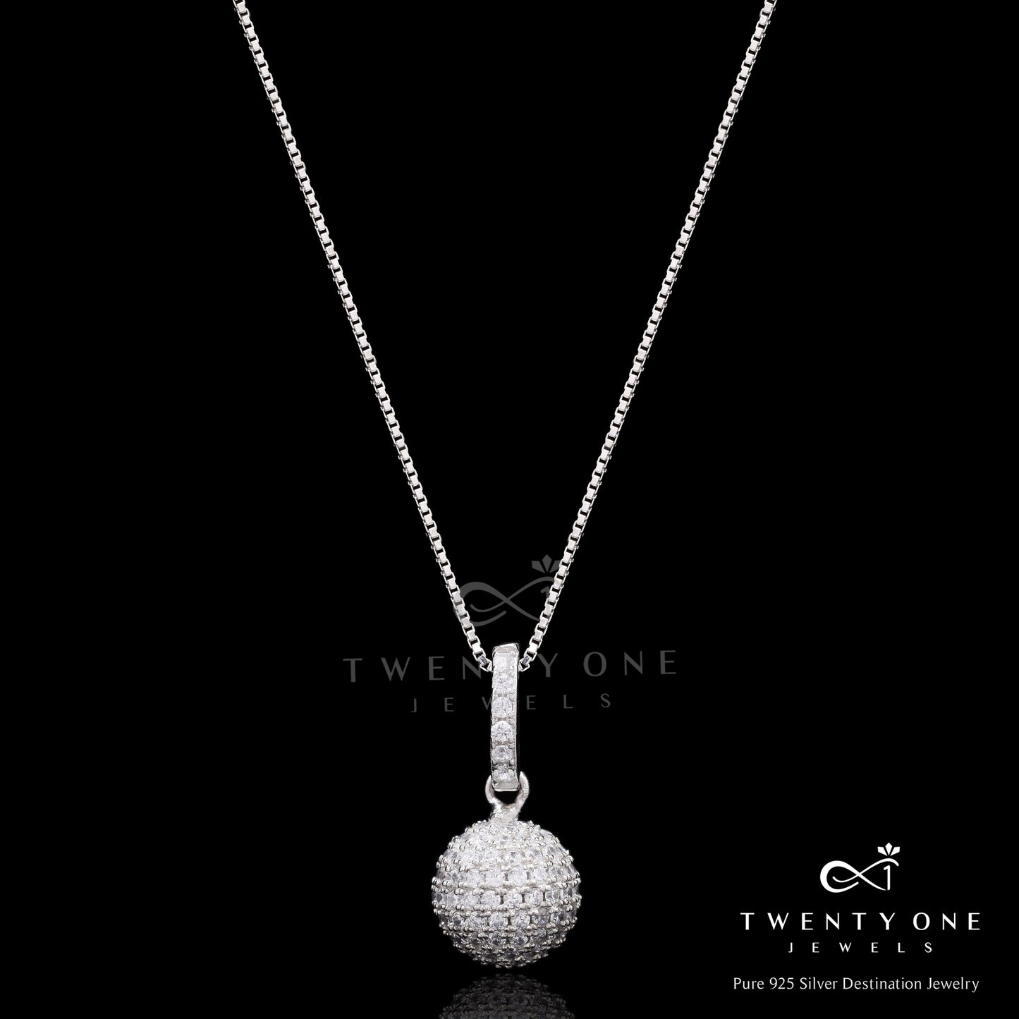 Invisible Setting Disco Ball Dana Pendant with Chain on Pure 925 Silver