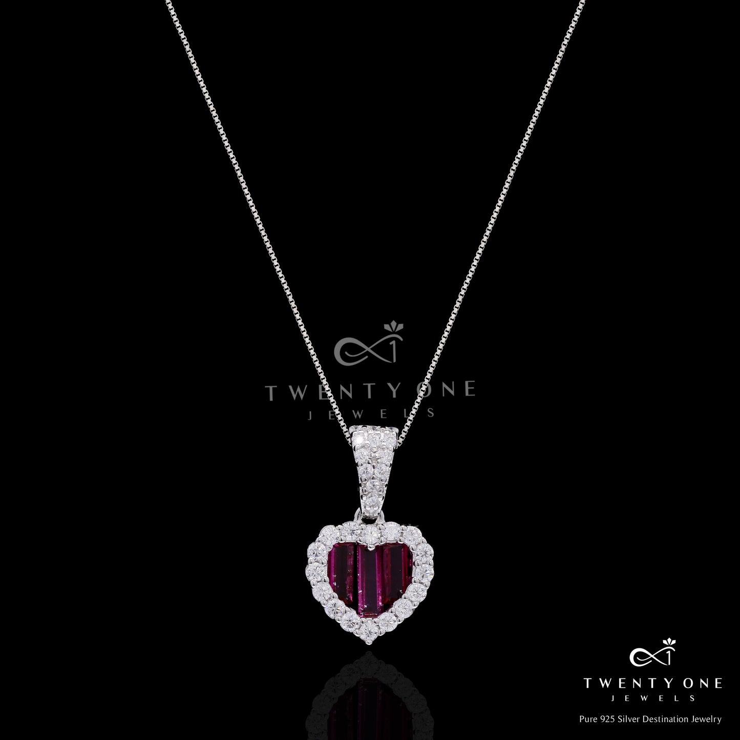 Premium Ruby Baguette Alina Heart Pendant Set with Diamond Cluster on Pure 925 Silver