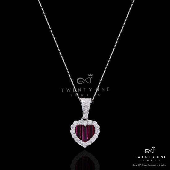 Premium Ruby Baguette Alina Heart Pendant Set with Diamond Cluster on Pure 925 Silver