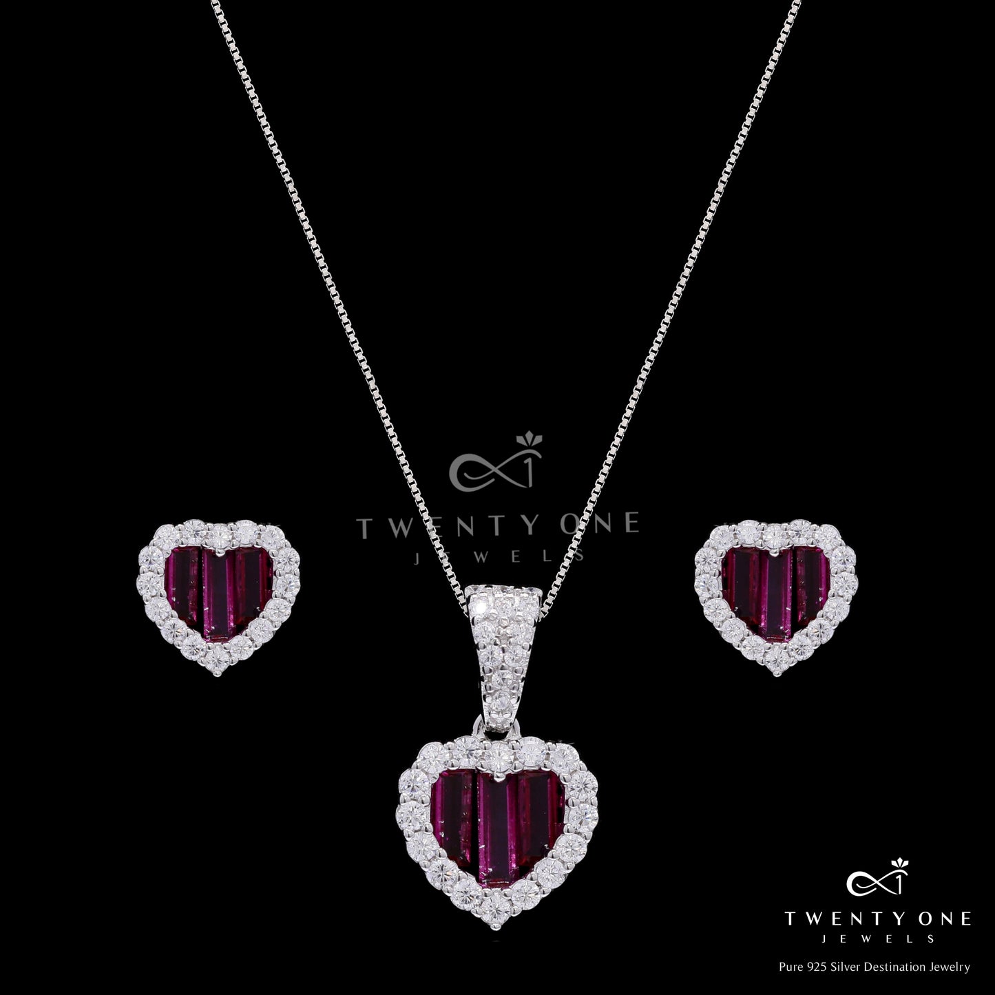 Premium Ruby Baguette Alina Heart Pendant Set with Diamond Cluster on Pure 925 Silver