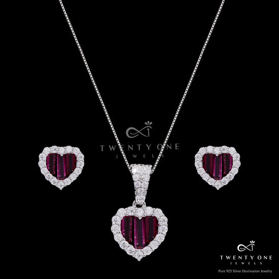 Premium Ruby Baguette Alina Heart Pendant Set with Diamond Cluster on Pure 925 Silver