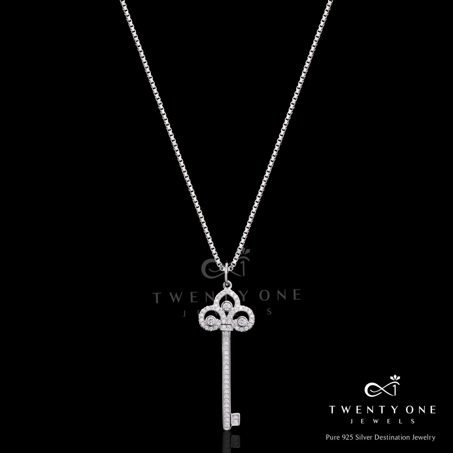 American Diamond Studded Hariette Key Pendant with Chain on Pure 925 Silver